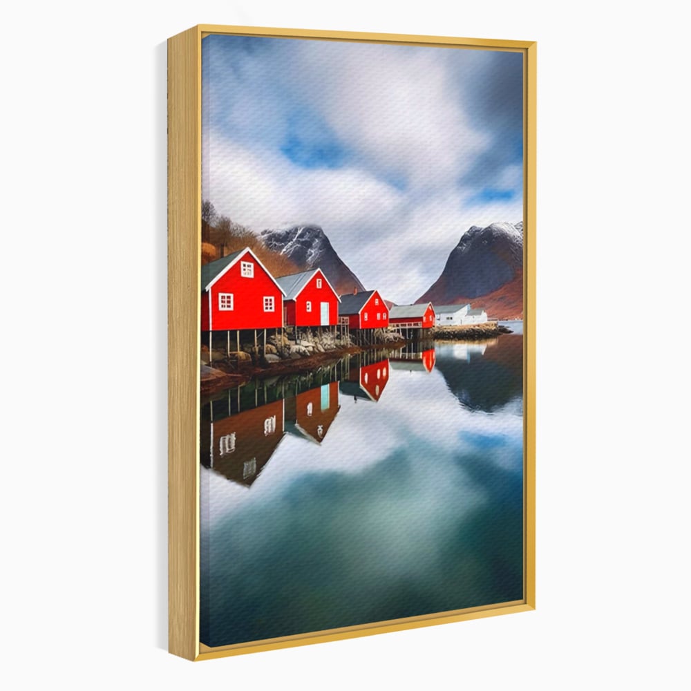 Tablou canvas cu tablou canvas cu cabane rosii, in rama de aluminiu auriu